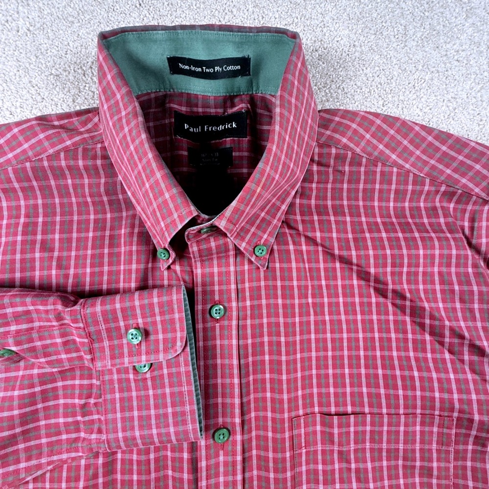 Paul Fredrick Dress Shirt Mens 16.5 x 33 Red Slim Fit Non-Iron Plaid